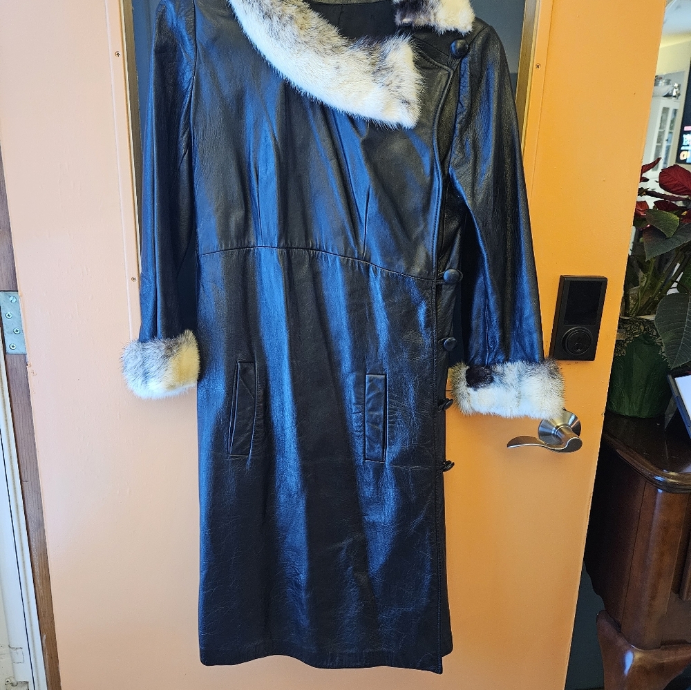 BLACK LEATHER COAT WITH MINK FUR COLLAR and SLEEVE CUFFS by Lamsons of Toledo